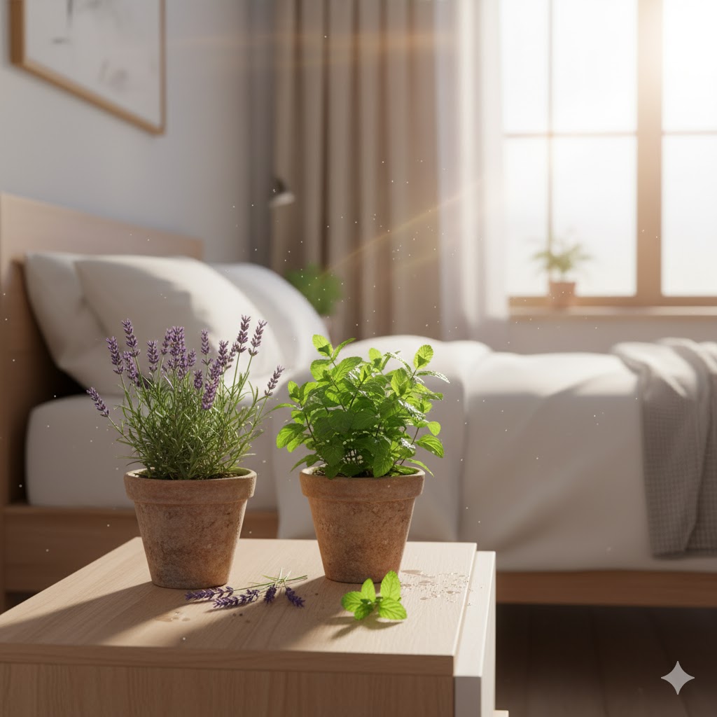 Lavender and peppermint plants placed near bed for natural bed bug prevention