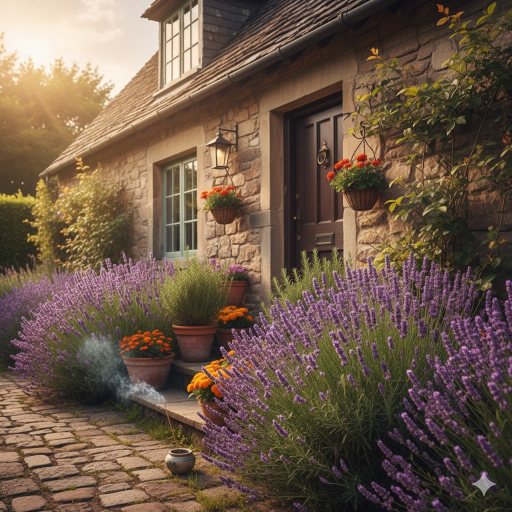 Lavender flowers blooming beside a home entrance Lavender flowers blooming beside a home entrance