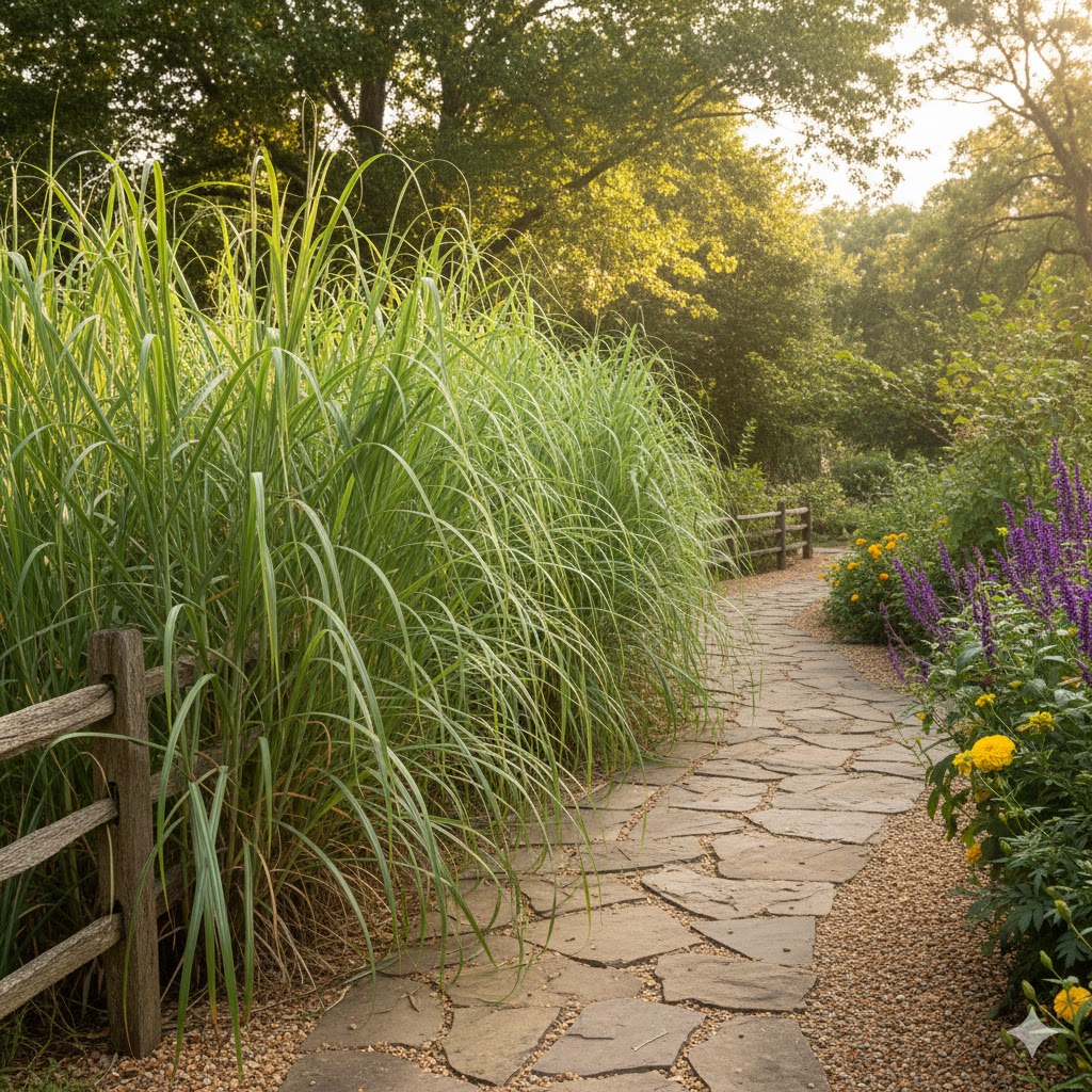 Lemongrass stalks growing tall beside a garden pathway Lemongrass stalks growing tall beside a garden pathway