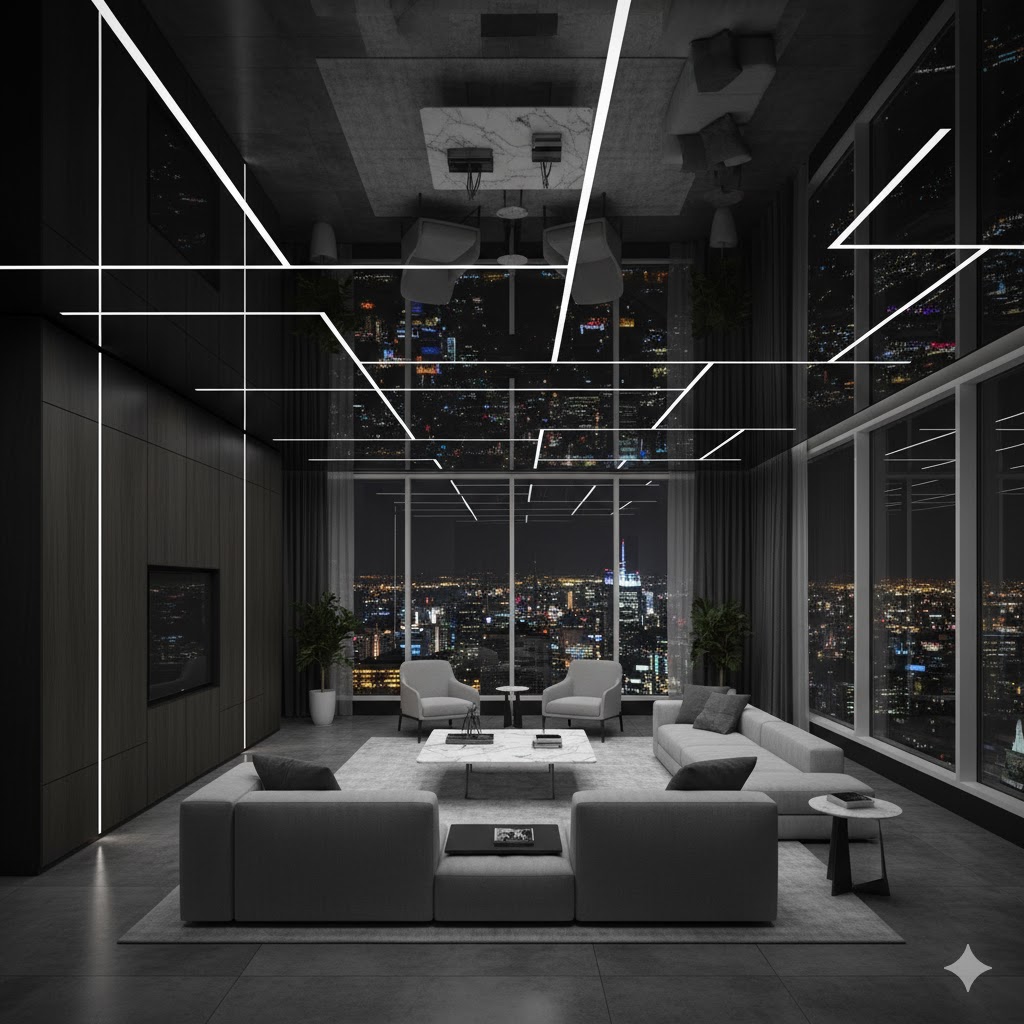 Luxury living room featuring a modern stretch ceiling with recessed lighting and reflective finish Luxury living room featuring a modern stretch ceiling with recessed lighting and reflective finish