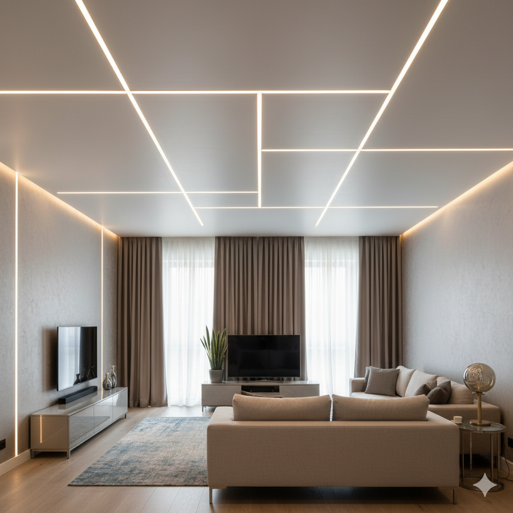 Matte stretch ceiling in modern living room