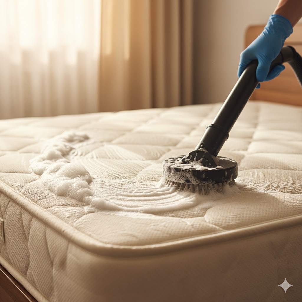 Mattress dry cleaning with foam and vacuum cleaner in bedroom setting