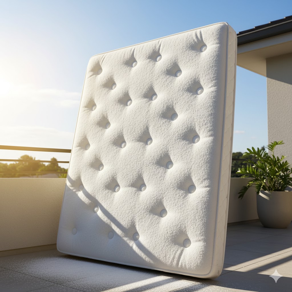 Mattress placed under sunlight after baking soda treatment.