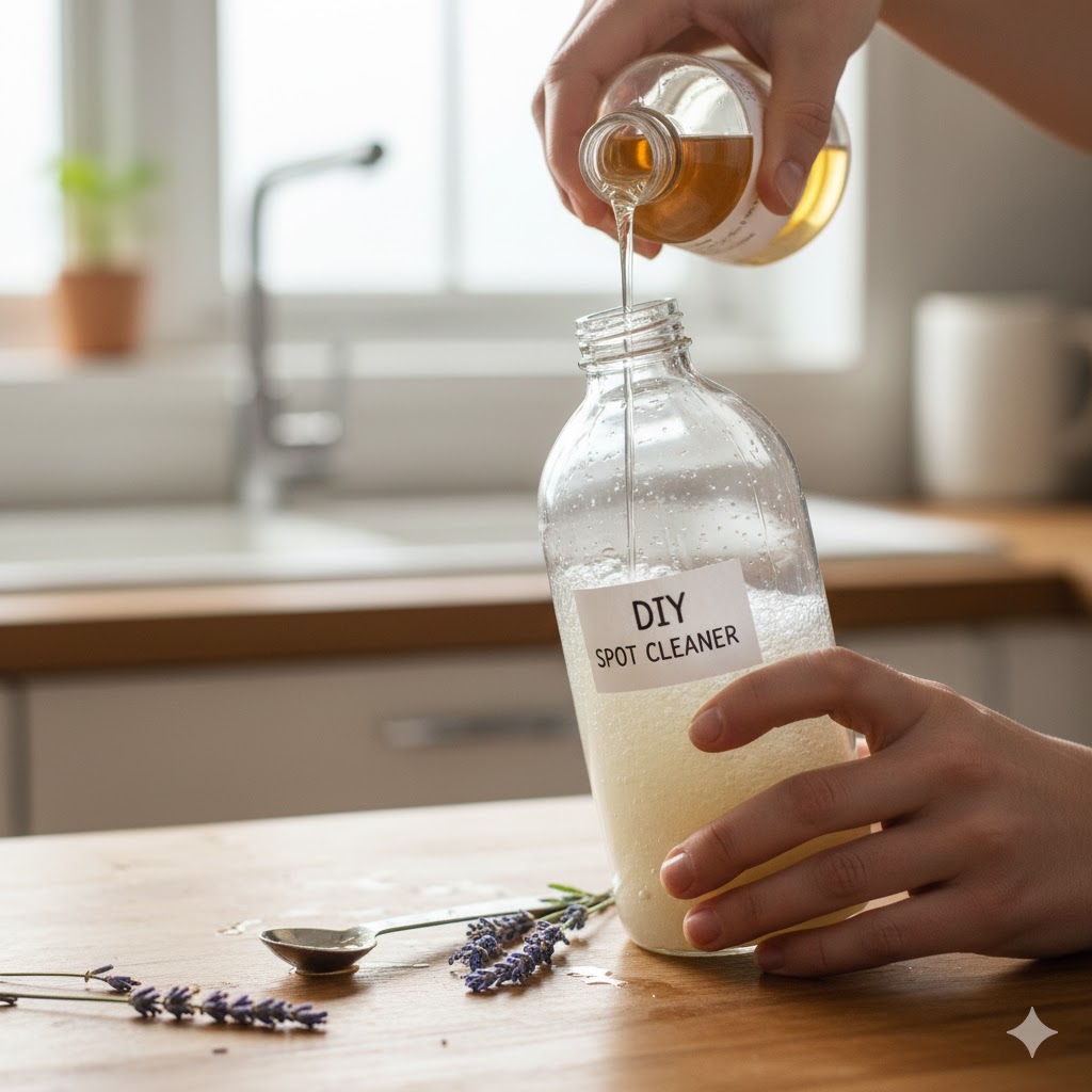 Mixing diluted castile soap in spray bottle for safe spot cleaning