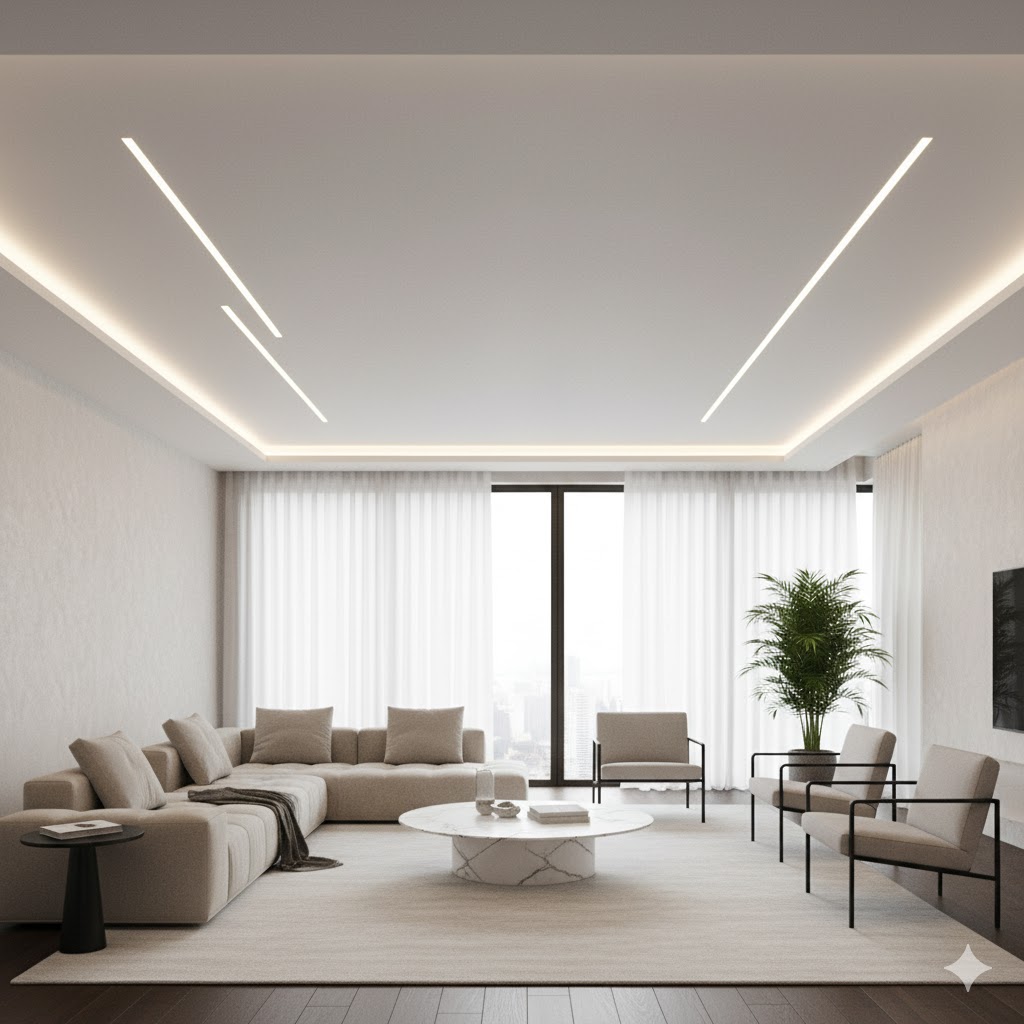 Modern 2025 living room with fabric stretch ceiling in matte white finish paired with recessed LED lighting