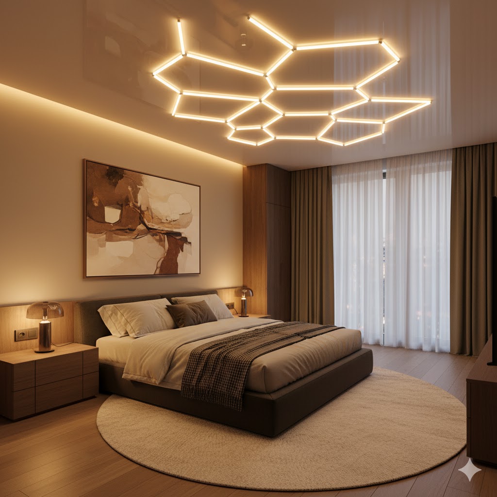 Modern bedroom interior featuring LED stretch ceiling with warm tones