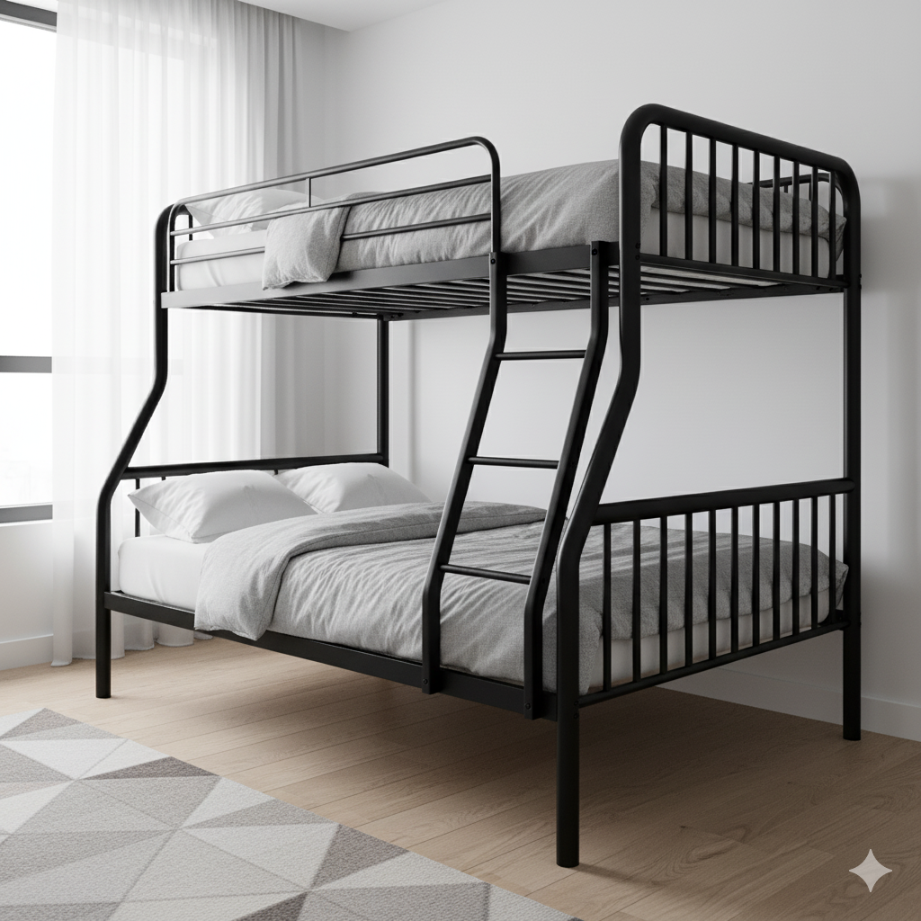 Modern black iron double bunk bed with rust-free paint finish