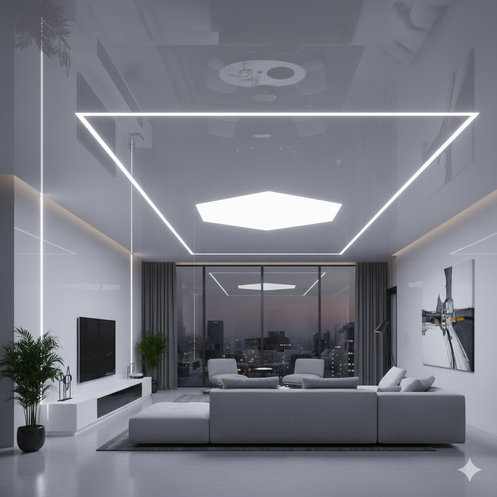 Modern living room with glossy white PVC stretch ceiling and LED lighting integration