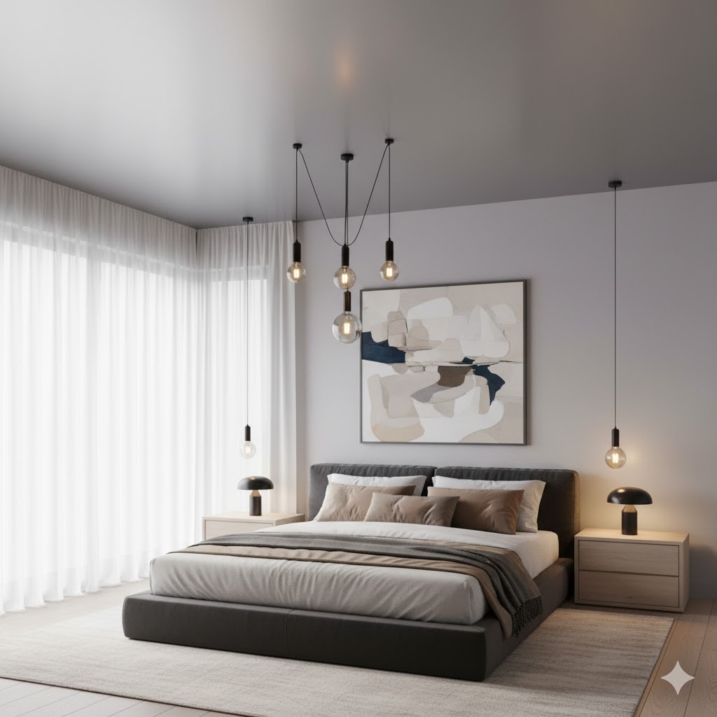 Modern minimalist bedroom with gray satin stretch ceiling and pendant lights