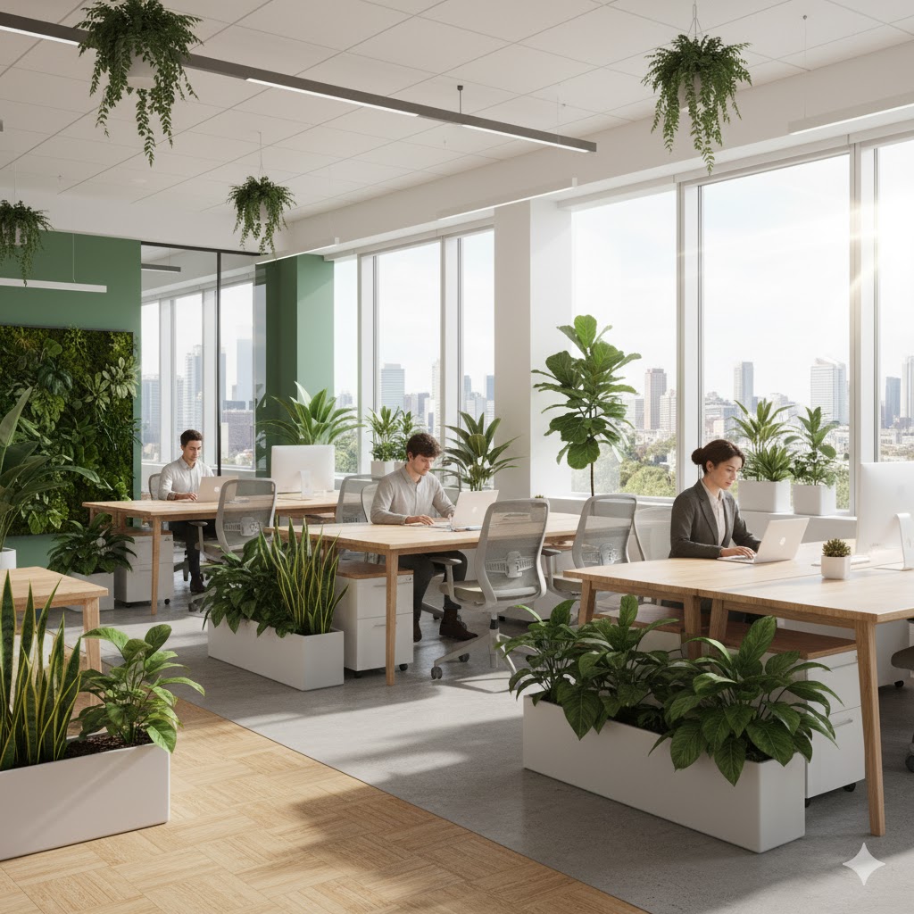 Modern office with plants and natural sunlight reflecting an eco-conscious corporate design