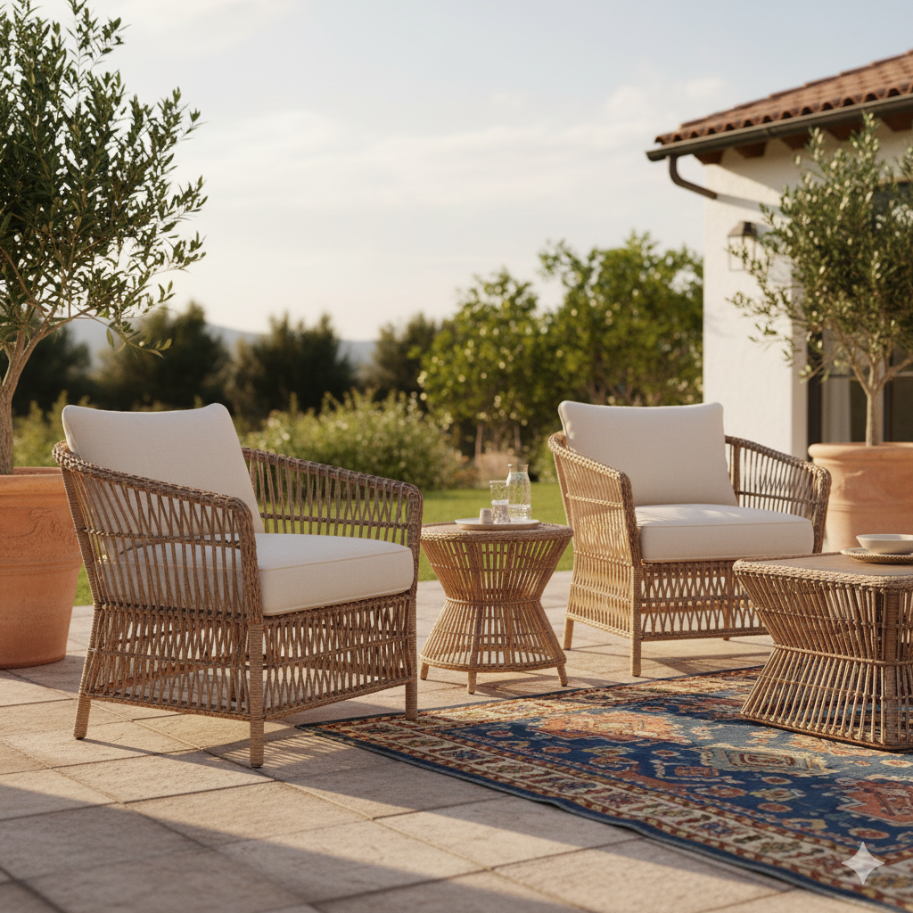 Modern rattan garden chairs on patio with cushions – outdoor furniture 2025