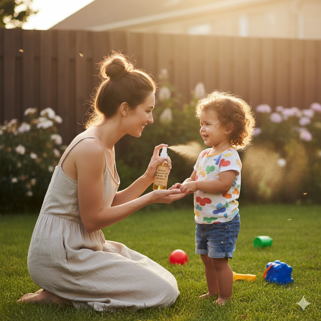 Mother applying natural mosquito repellent to her child before outdoor play.