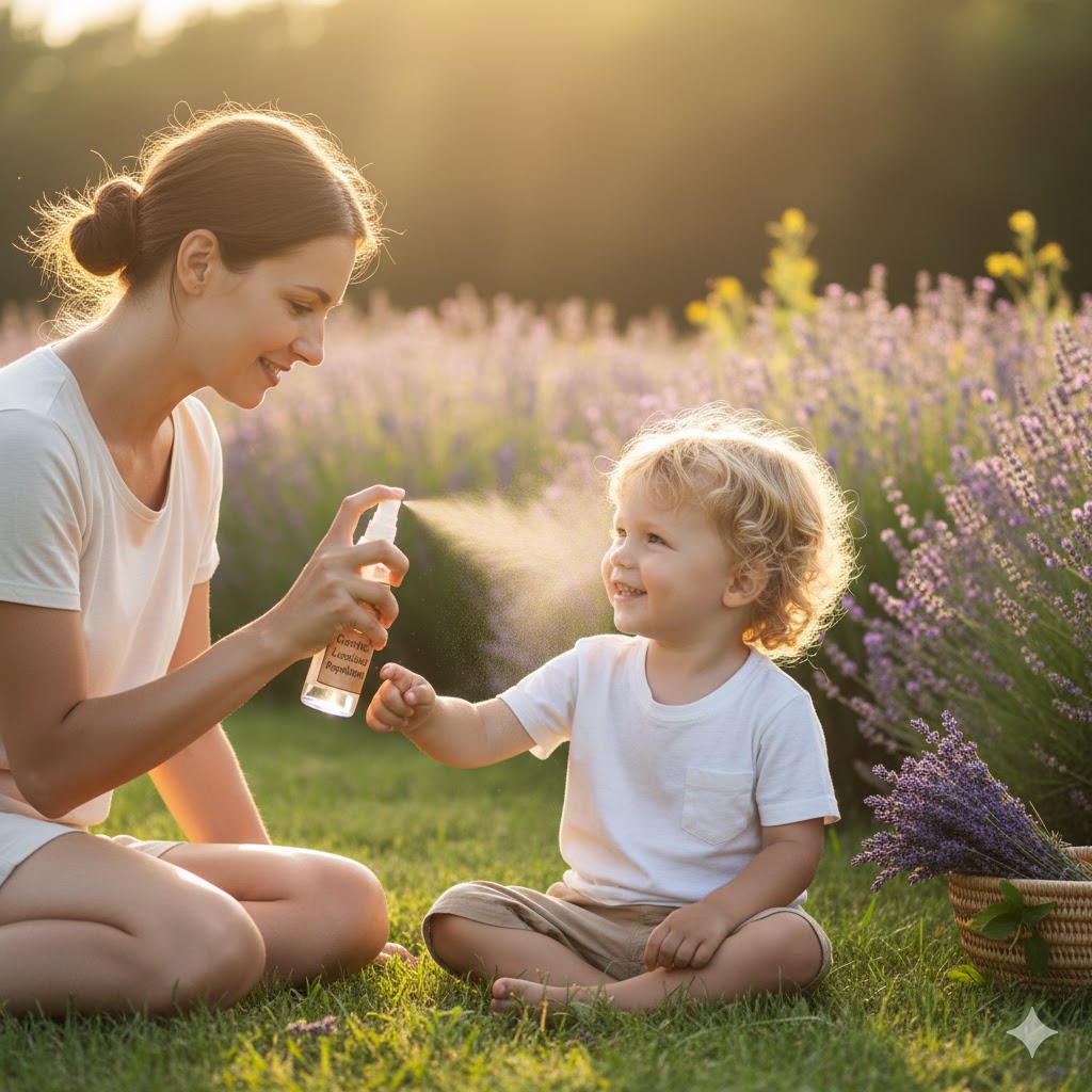 Mother spraying gentle lavender mosquito repellent on child’s arm