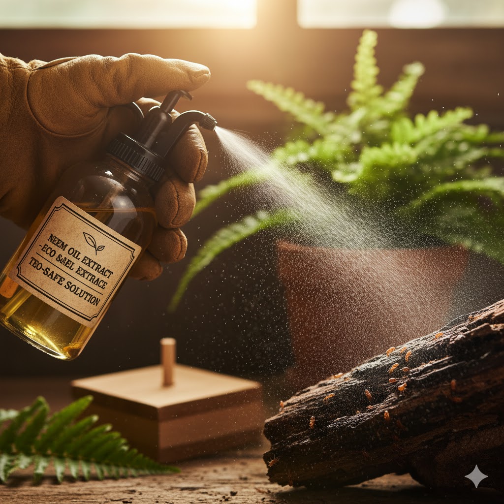 Neem oil extract being sprayed as an eco-friendly termite solution