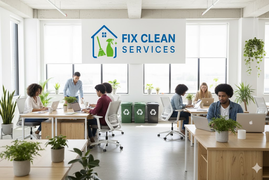 Office employees working productively in a clean eco-friendly environment add my logo for branding