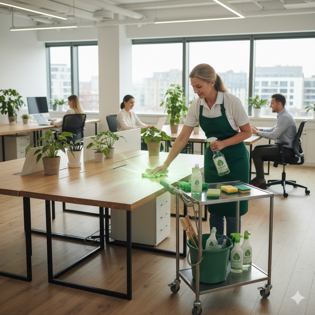 Office janitor using eco-friendly green cleaning products in a modern workspace