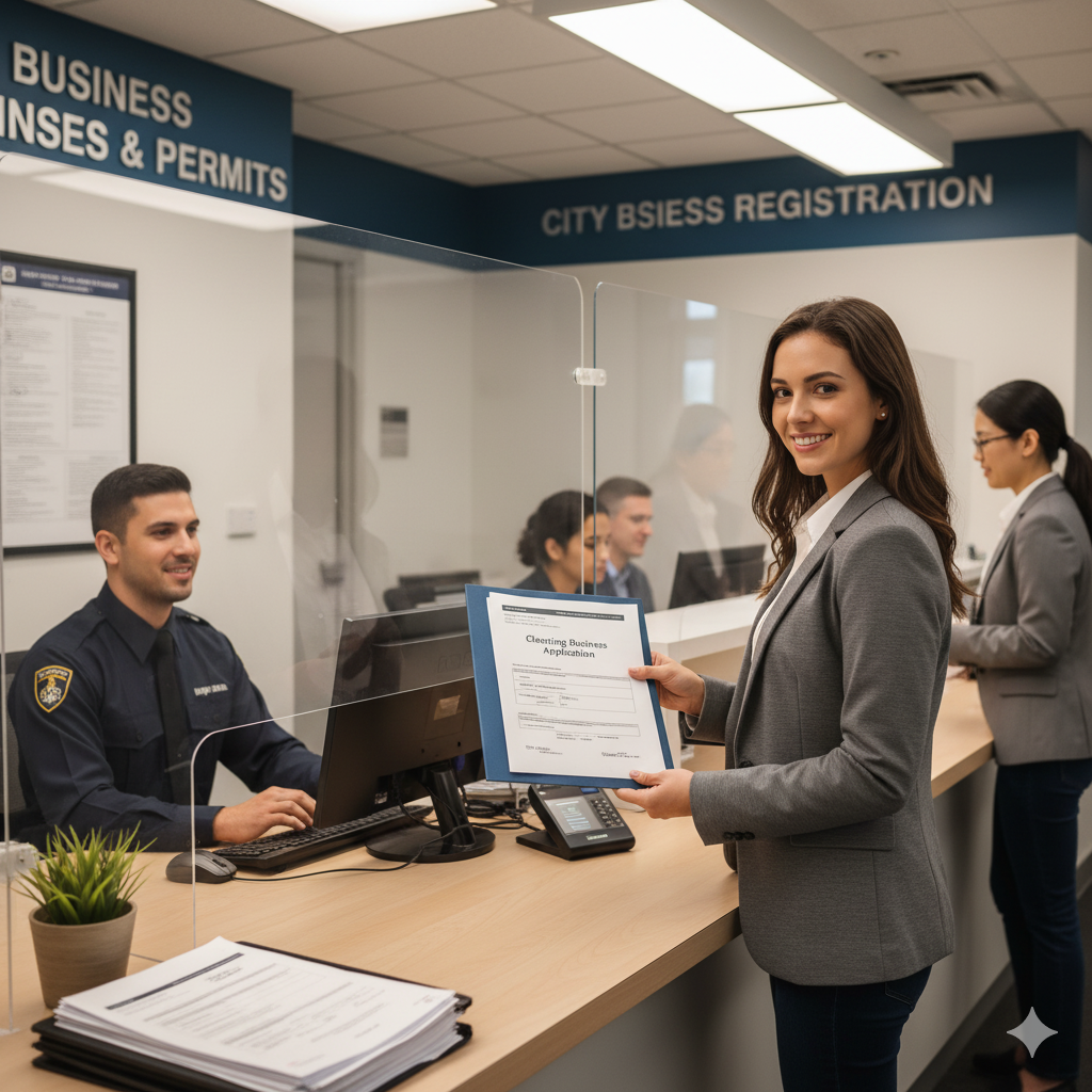  Person submitting cleaning business license application at government counter