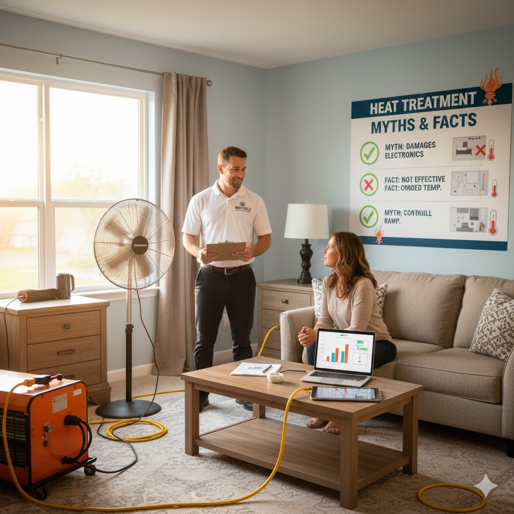 Pest control professional explaining heat treatment myths to homeowner