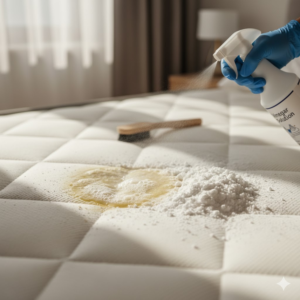 Pet urine stain removal using vinegar and baking soda method on mattress