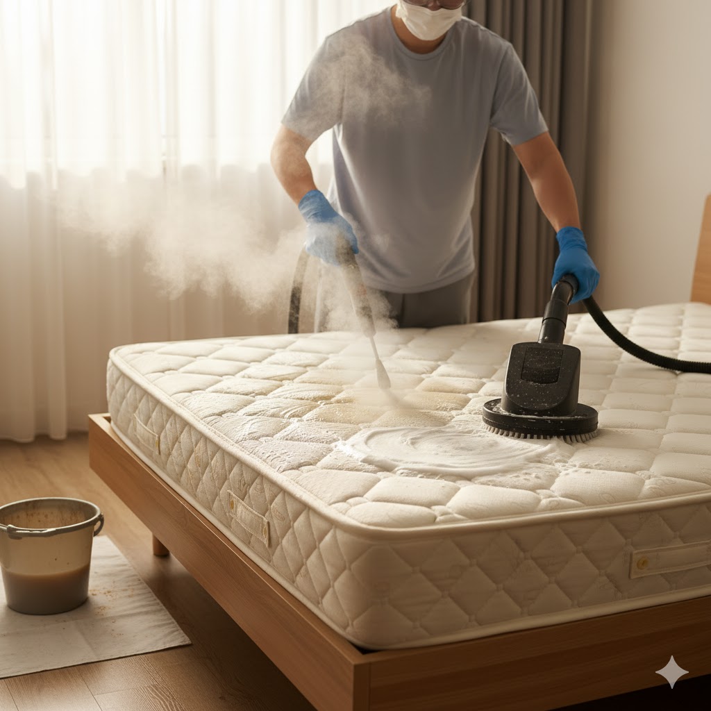 Professional cleaner combining steam and dry methods for deep mattress cleaning