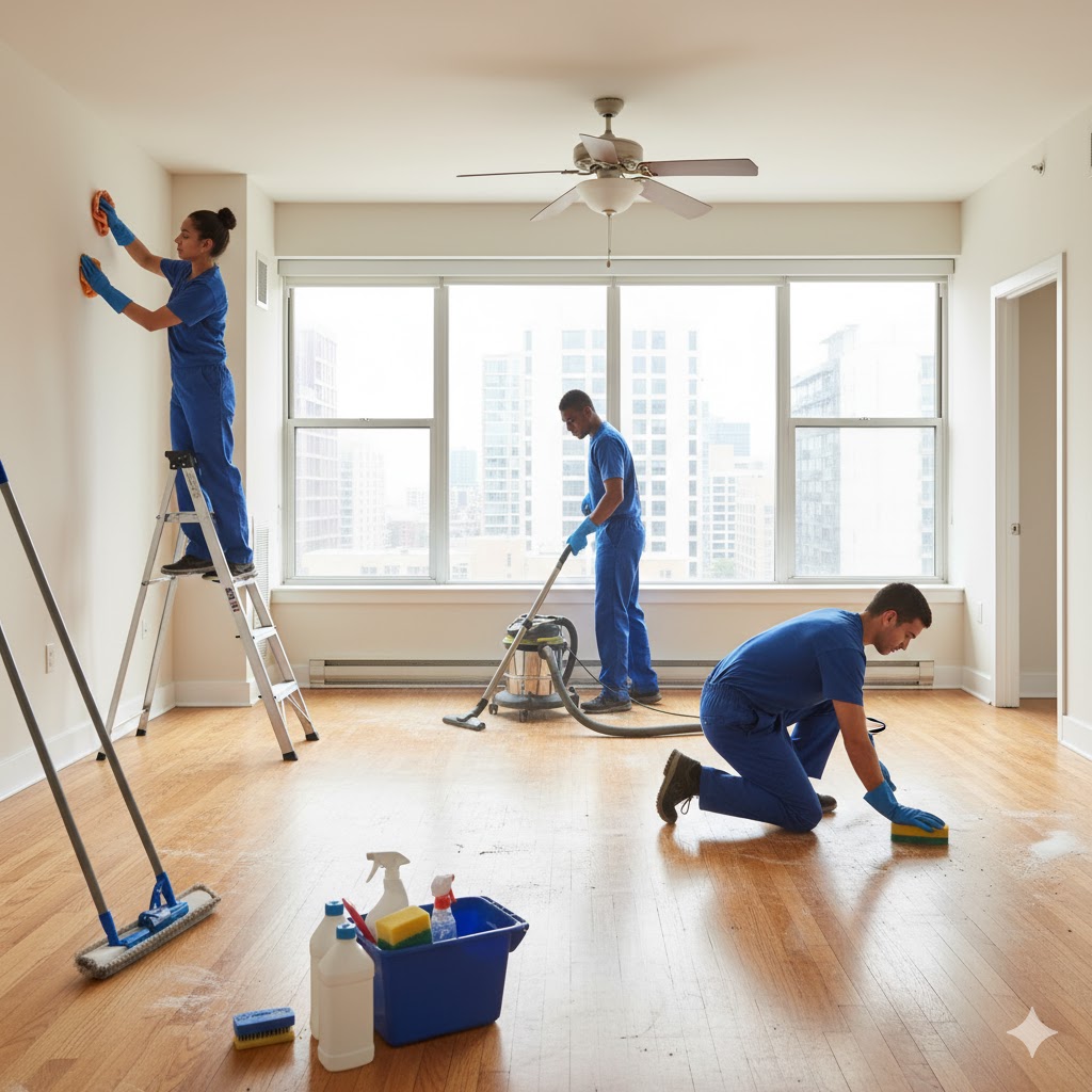 Professional cleaning team performing move-out cleaning in an empty apartment living room