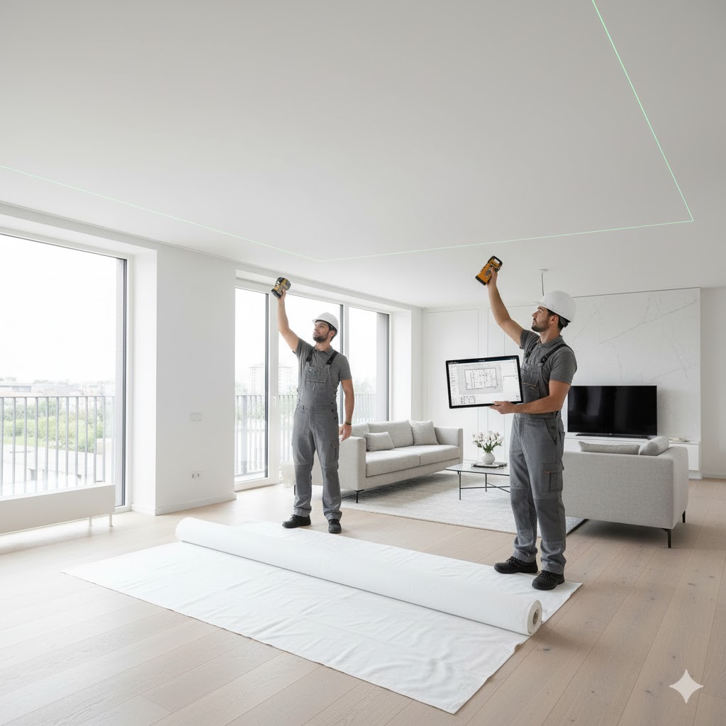 Professional installer measuring a modern living room before installing a fabric stretch ceiling system