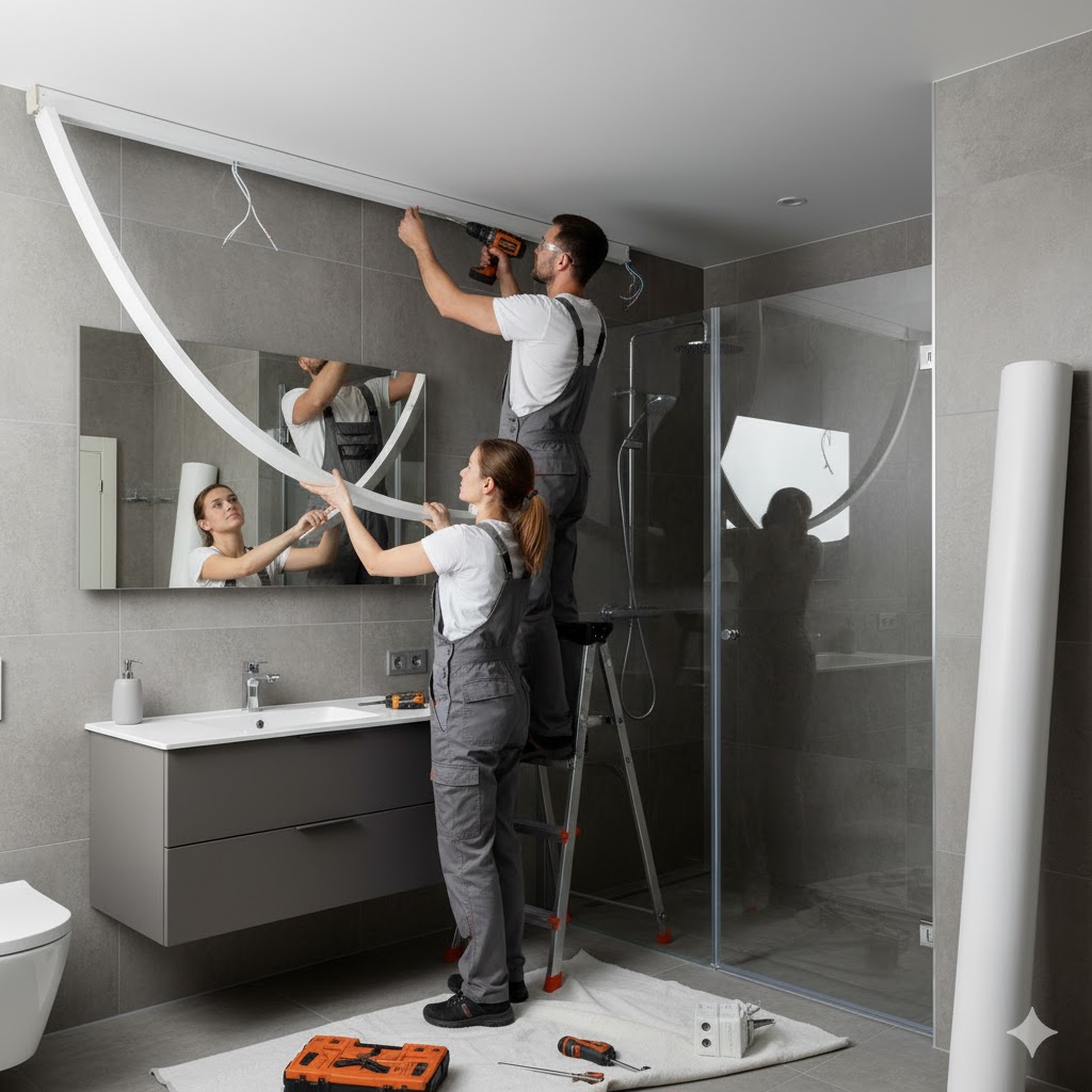 Professional installers mounting stretch ceiling frame in modern bathroom