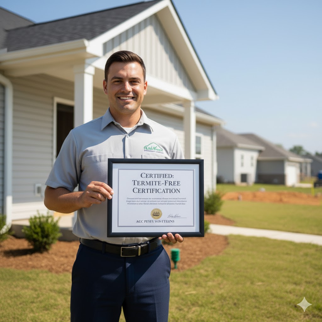 Professional pest control technician showing certificate of termite treatment