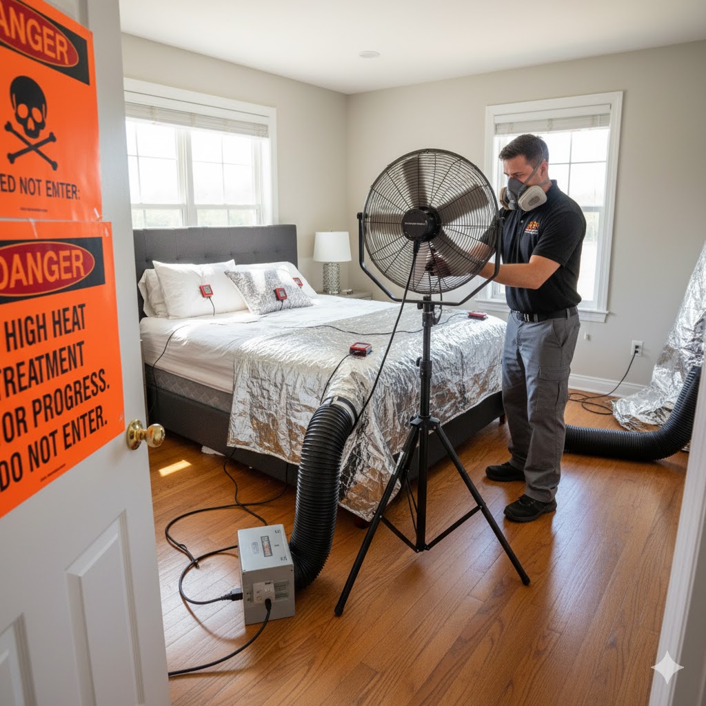 Professional pest control worker setting up heat treatment equipment in a bedroom