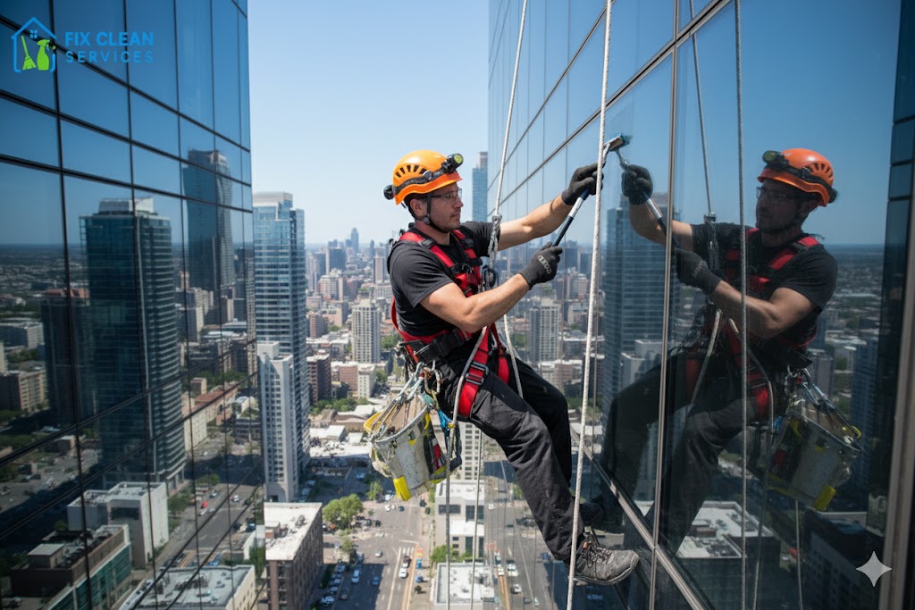 Professional rope access cleaner suspended on a skyscraper using safety gear 