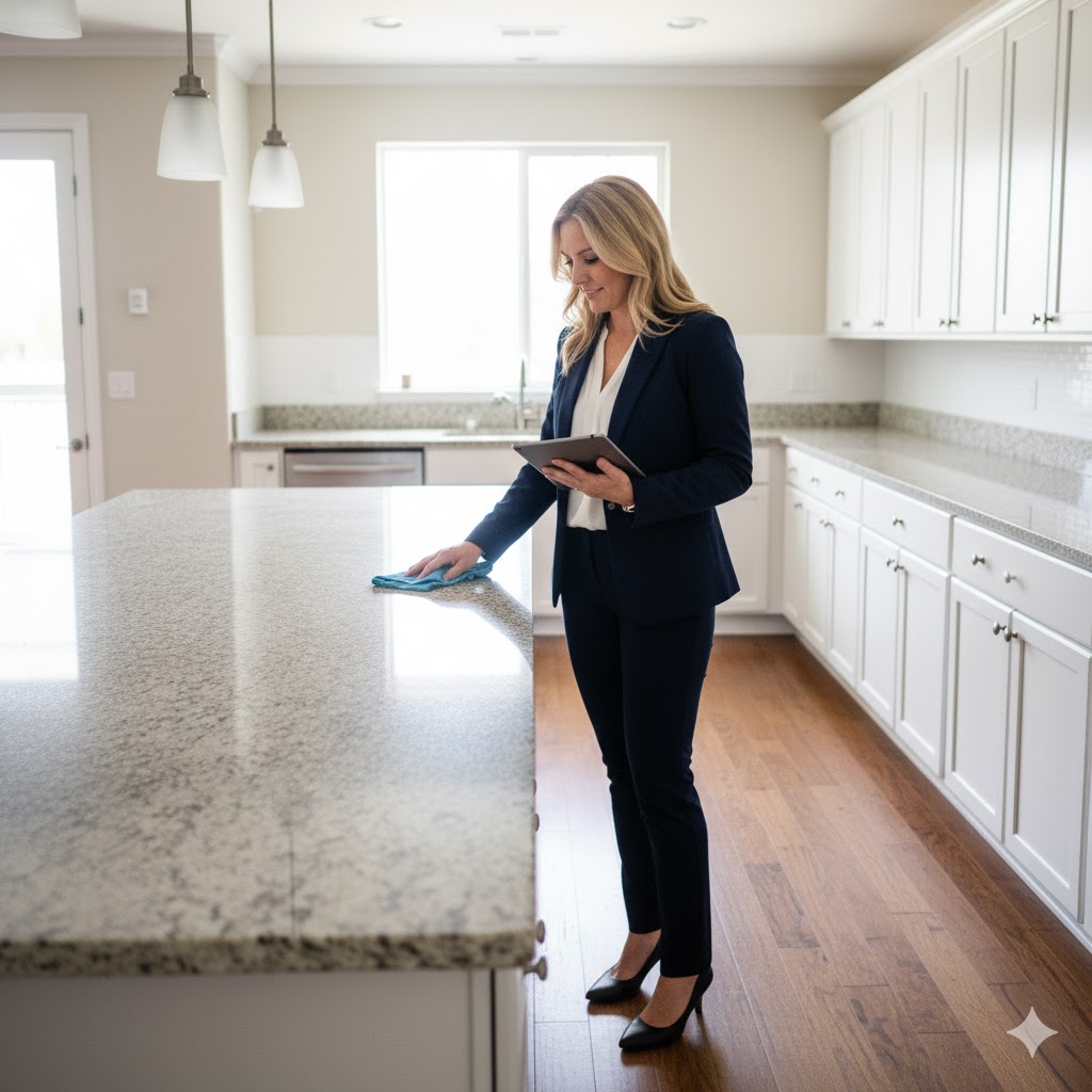 Real estate agent inspecting a clean apartment after professional move-out cleaning