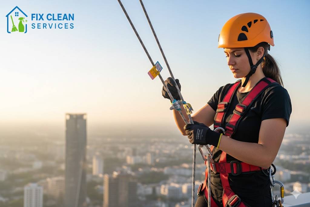 Rope access cleaner checking dual safety lines with inspection tags
