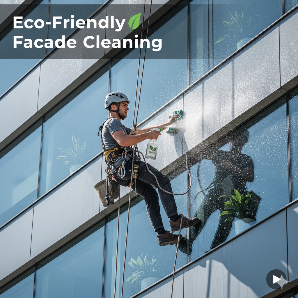 Rope access worker cleaning composite aluminum façade using eco-solution sprayer