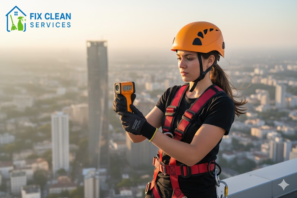 Rope cleaner checking wind speed using handheld anemometer before descent