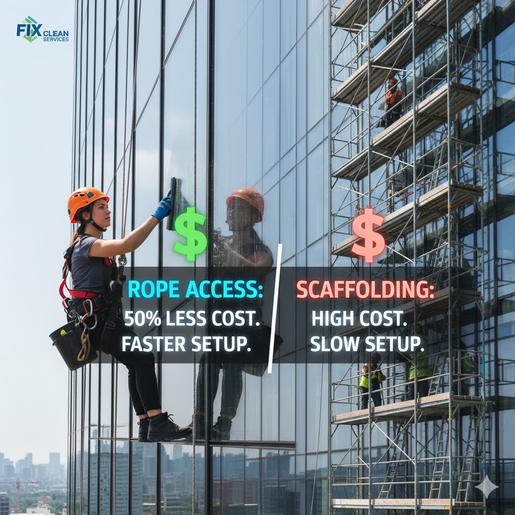 Rope cleaner descending beside scaffolding setup showing cost efficiency comparison
