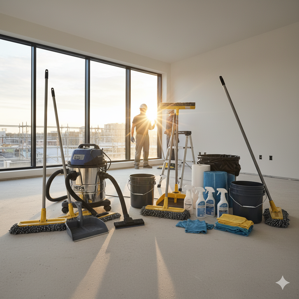Set of professional cleaning tools used for post-construction cleaning