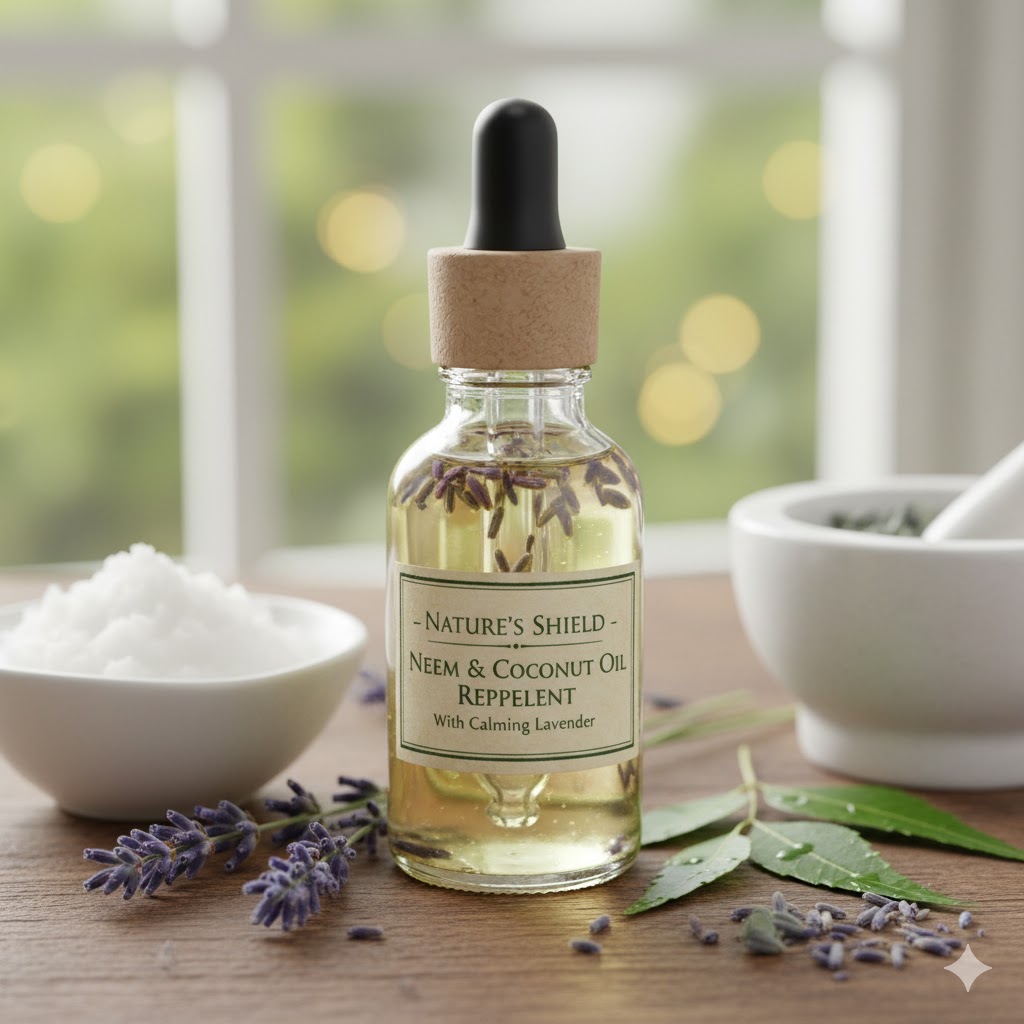 Small glass bottle of neem and coconut oil mosquito repellent with lavender.