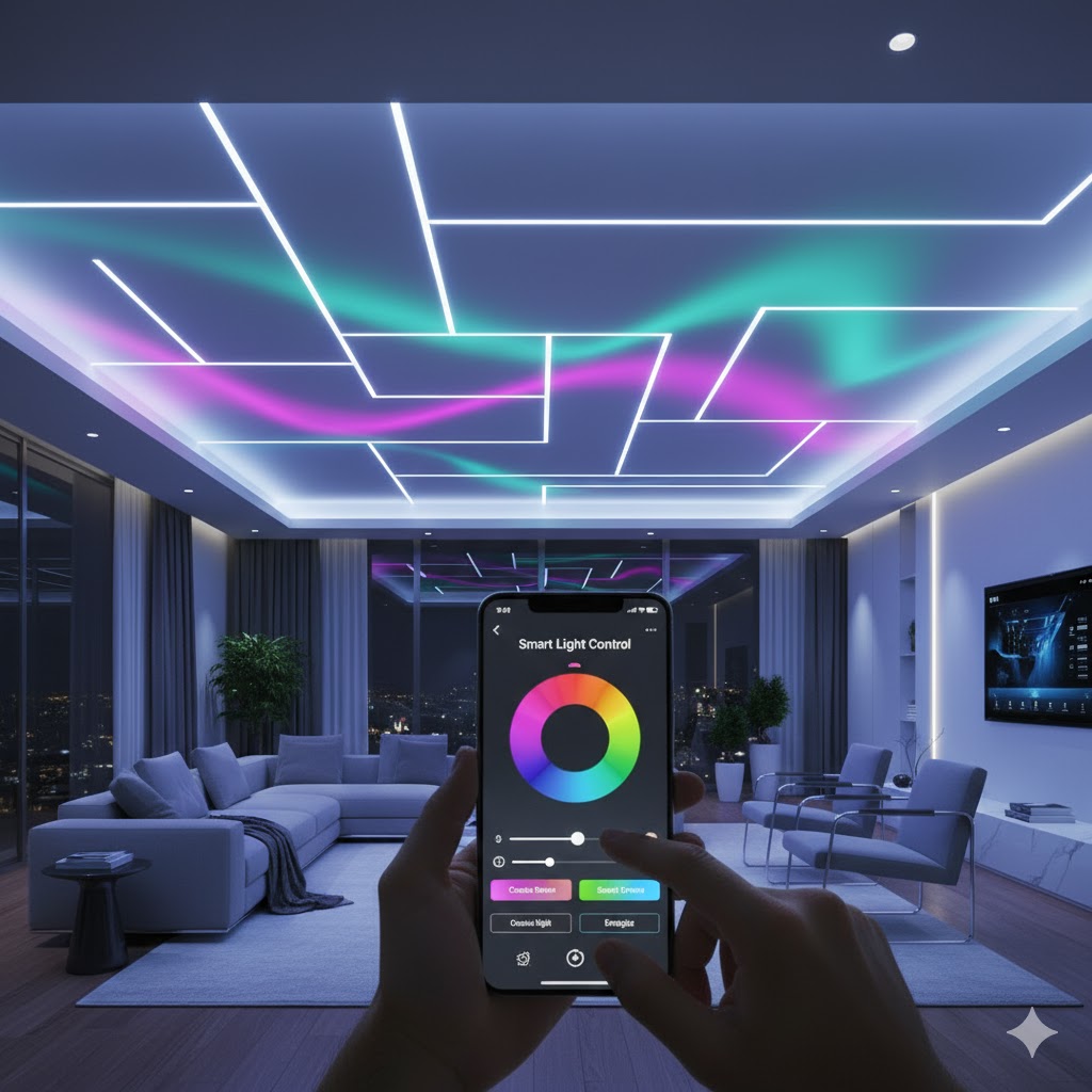 Smart ceiling lighting system connected with mobile app showing color controls