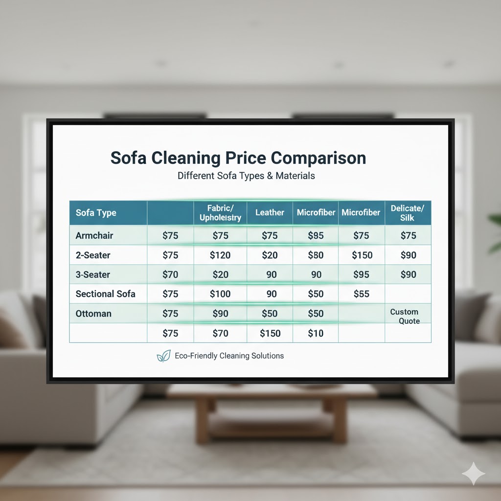 Sofa cleaning price comparison chart for different sofa types and materials