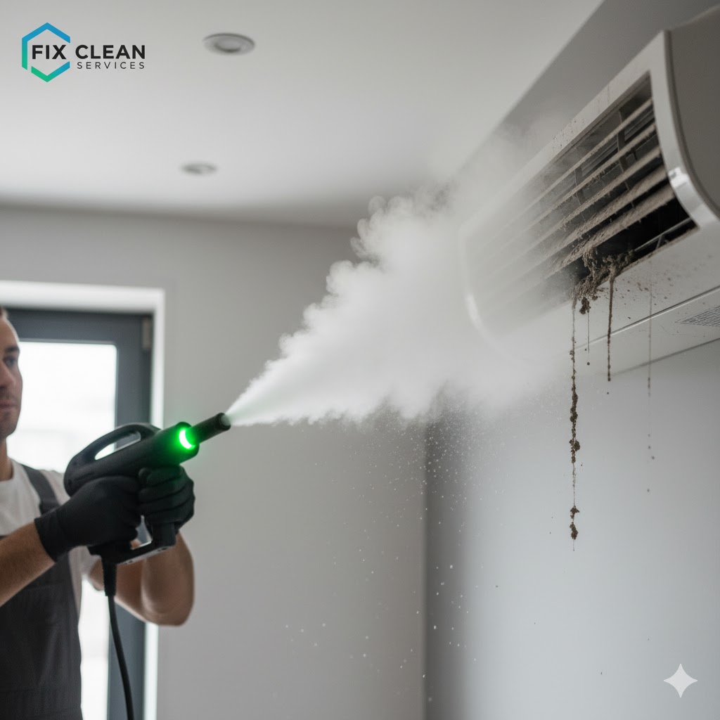 Steam cleaner nozzle directed at AC vent with visible vapor cloud 