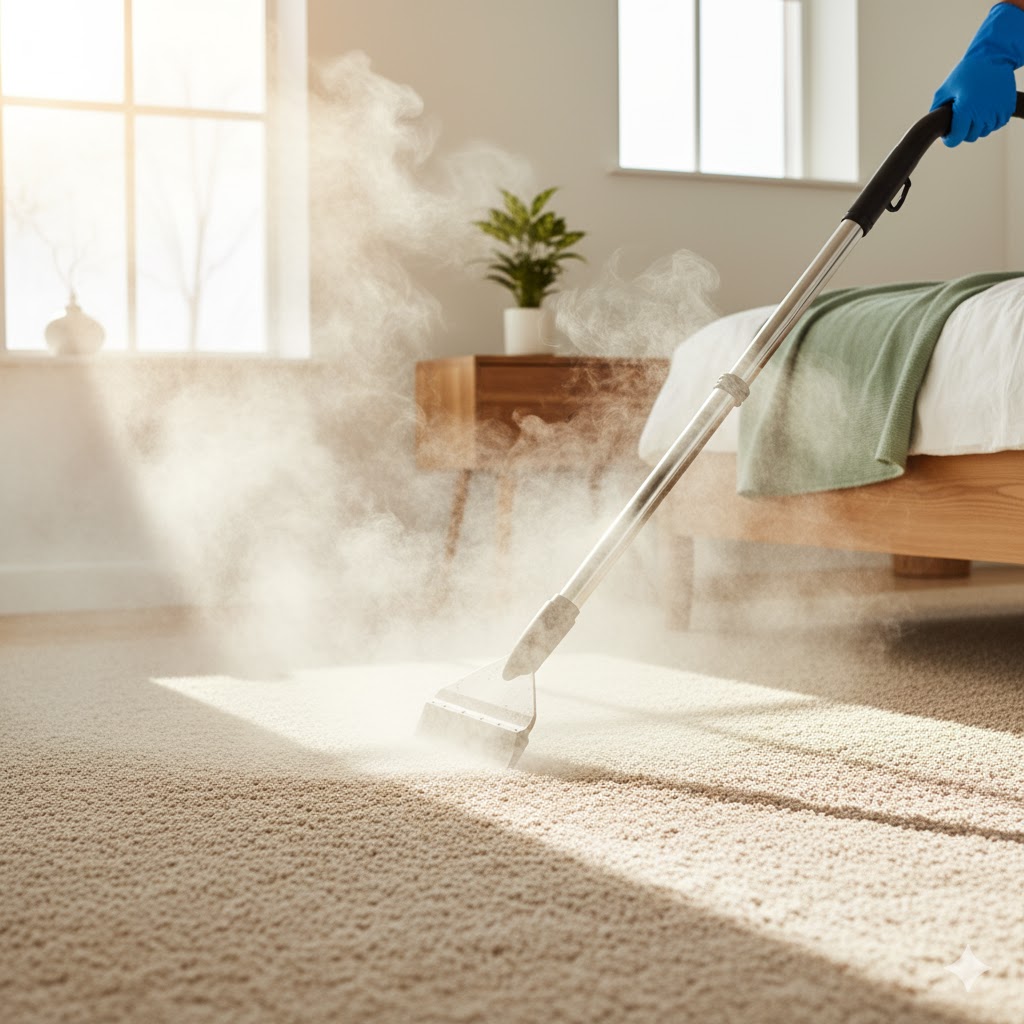 Steam cleaning carpet for post-virus bedroom sanitization. 