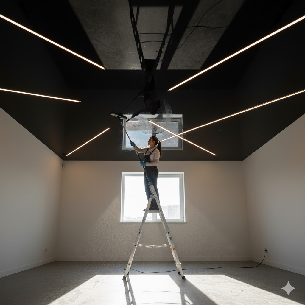 Technician cleaning glossy stretch ceiling using microfiber cloth