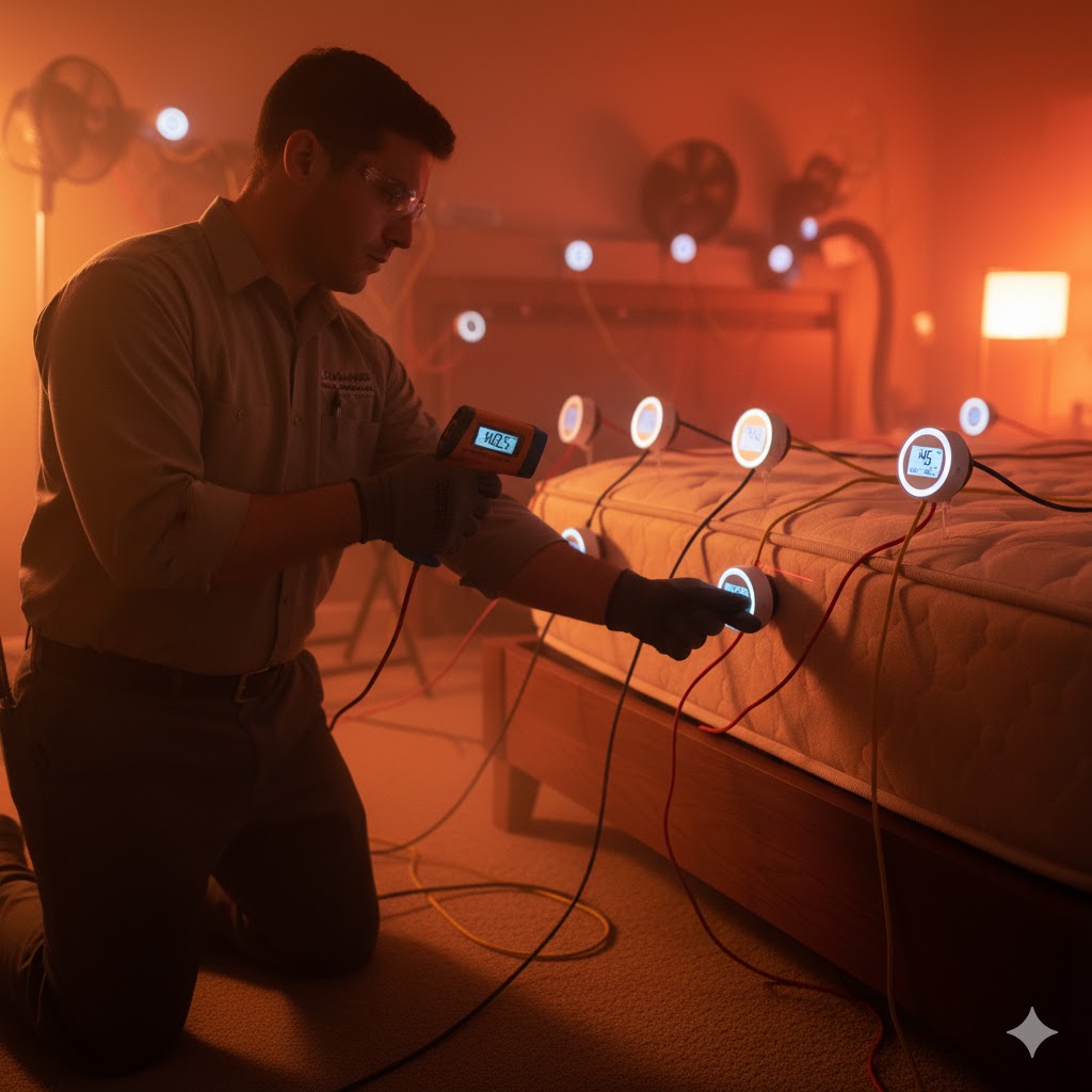 Technician ensuring uniform temperature during bed bug heat treatment.