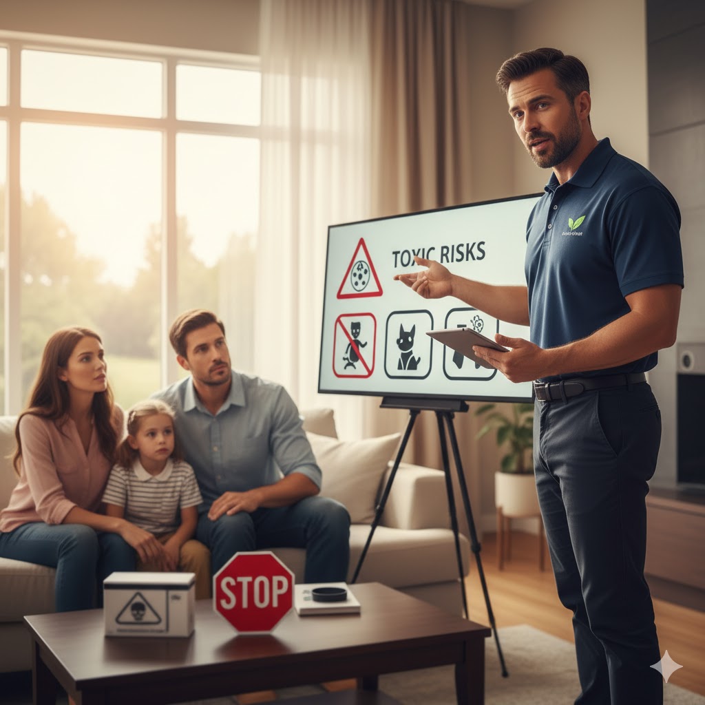 Technician explaining risks of rodent poisoning in residential areas. 