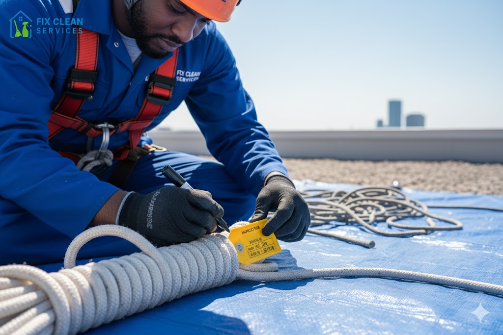 Technician labeling a new static rope with inspection date and tag 