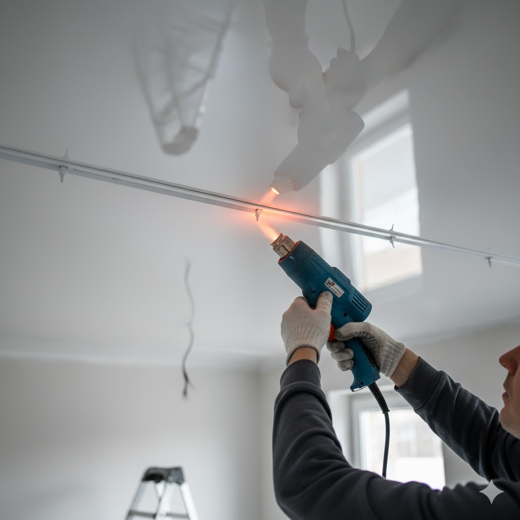 Technician using a heat gun to stretch and fit PVC ceiling film into mounting tracks during installation