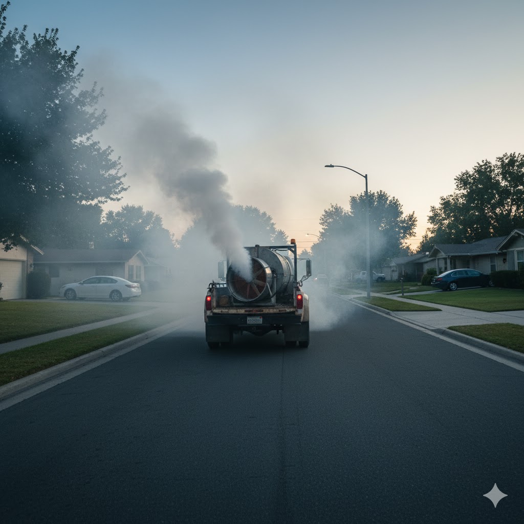 Truck-mounted fogging machine releasing pesticide mist in a neighborhood