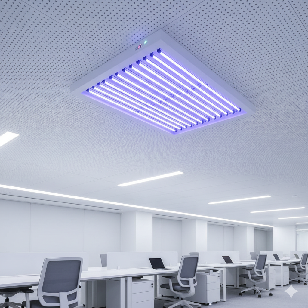 UV disinfection lamp installed in office ceiling