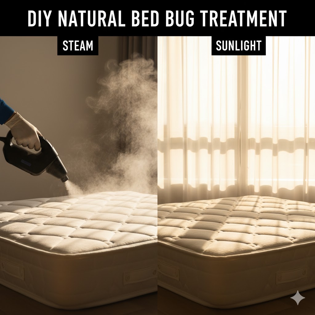 Using steam cleaner and sunlight heat to kill bed bugs naturally on mattress.