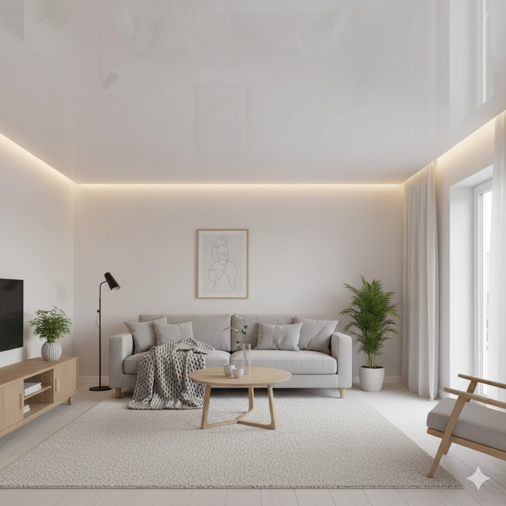 White matte stretch ceiling in a Scandinavian-inspired minimalist living room